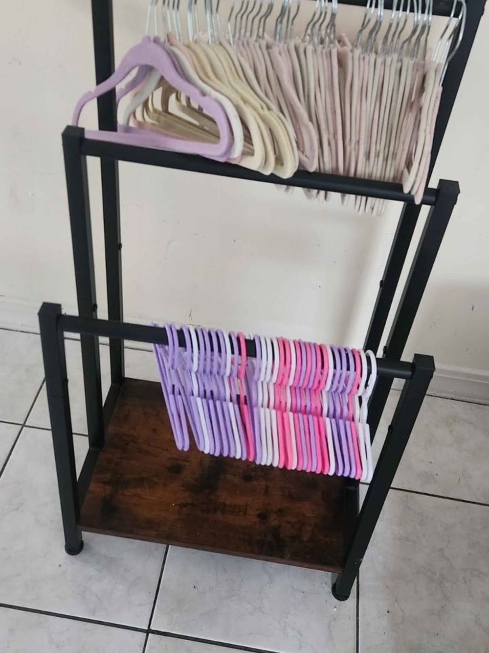 Multi-Tier Garment Rack with Pink & Purple Hangers For Doll Clothes, Baby, Pets